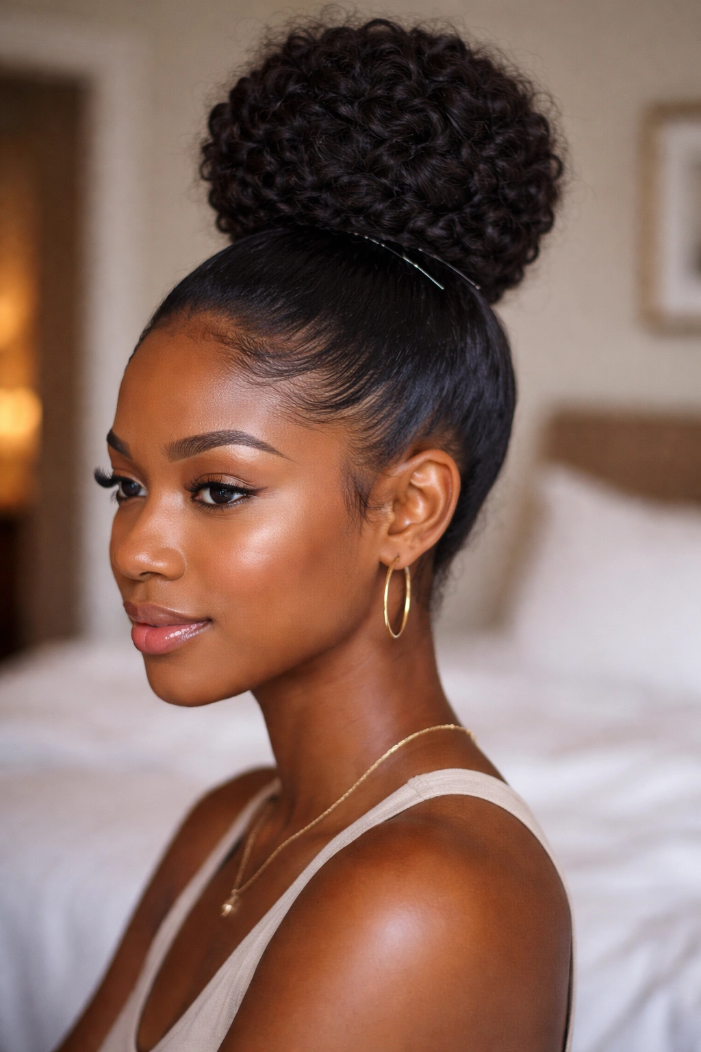 Close-up of a real woman with a secure high bun and visible pins