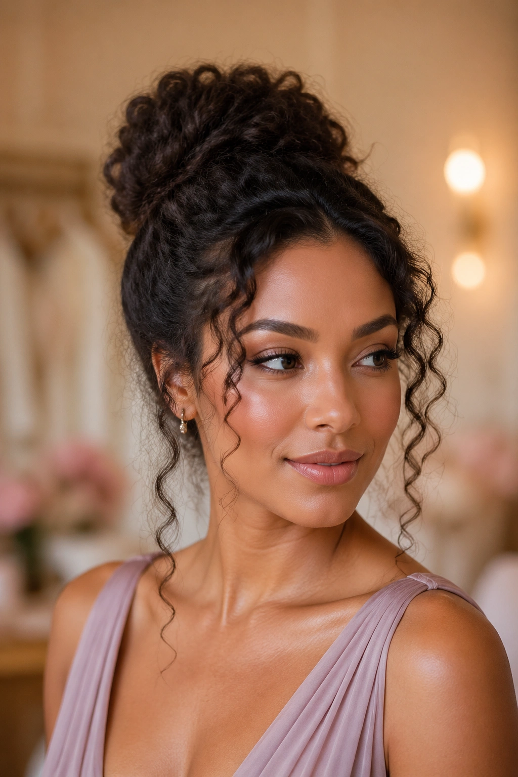 Close-up of a real woman with a high bun and loose front curls