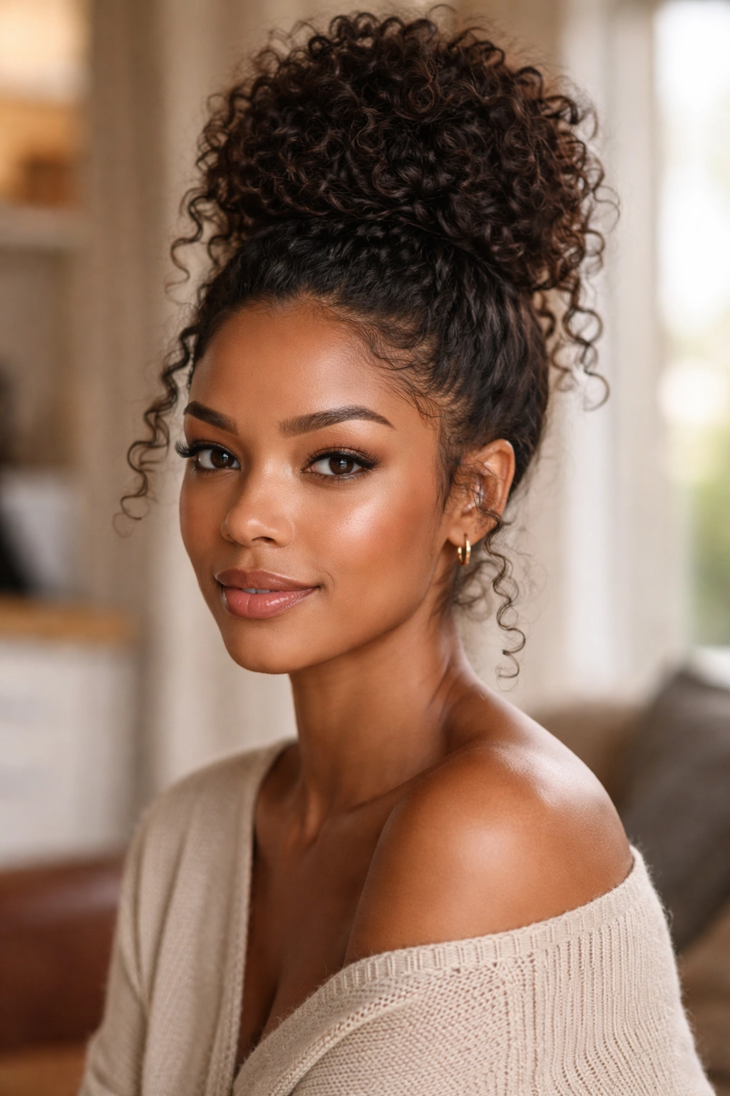Close-up of a real woman with a high bun on natural curly hair in a cozy living room