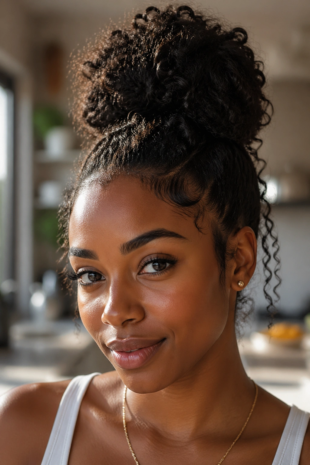 Close-up of a real person with a high bun and visible natural texture