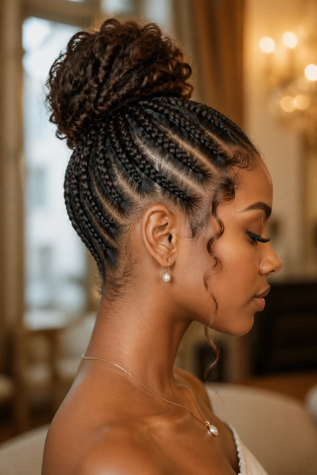 Close-up of a real person with a high bun showing formal mood