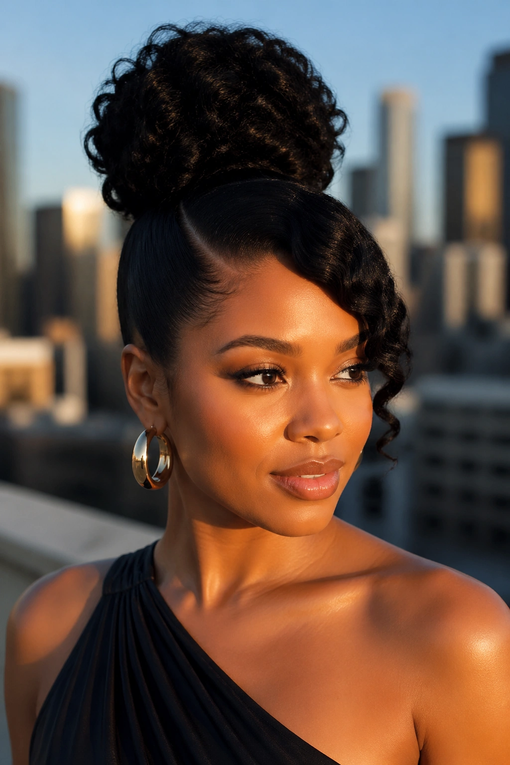 Close-up of a real woman with a high bun and a deep side part sweeping across the crown.