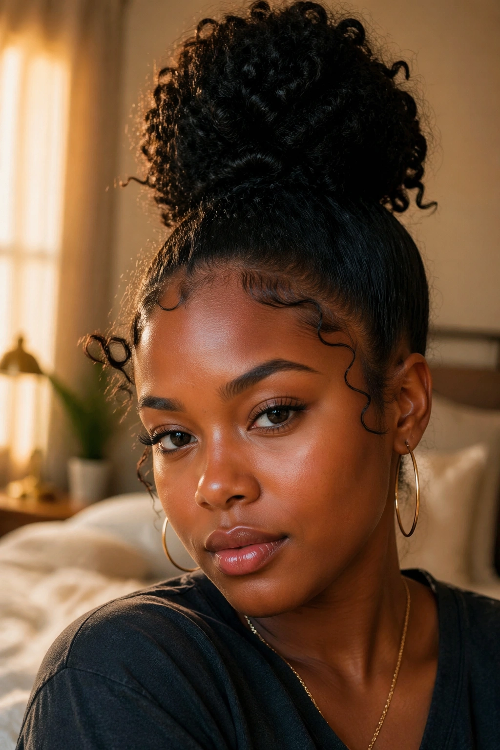 Close-up portrait of a woman with a high bun and textured edges, 90s-inspired volume.