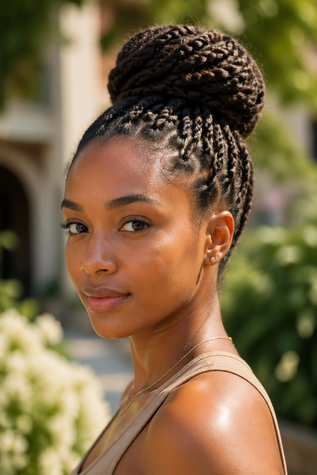 Close-up portrait of a woman with twists in a high bun outdoors.