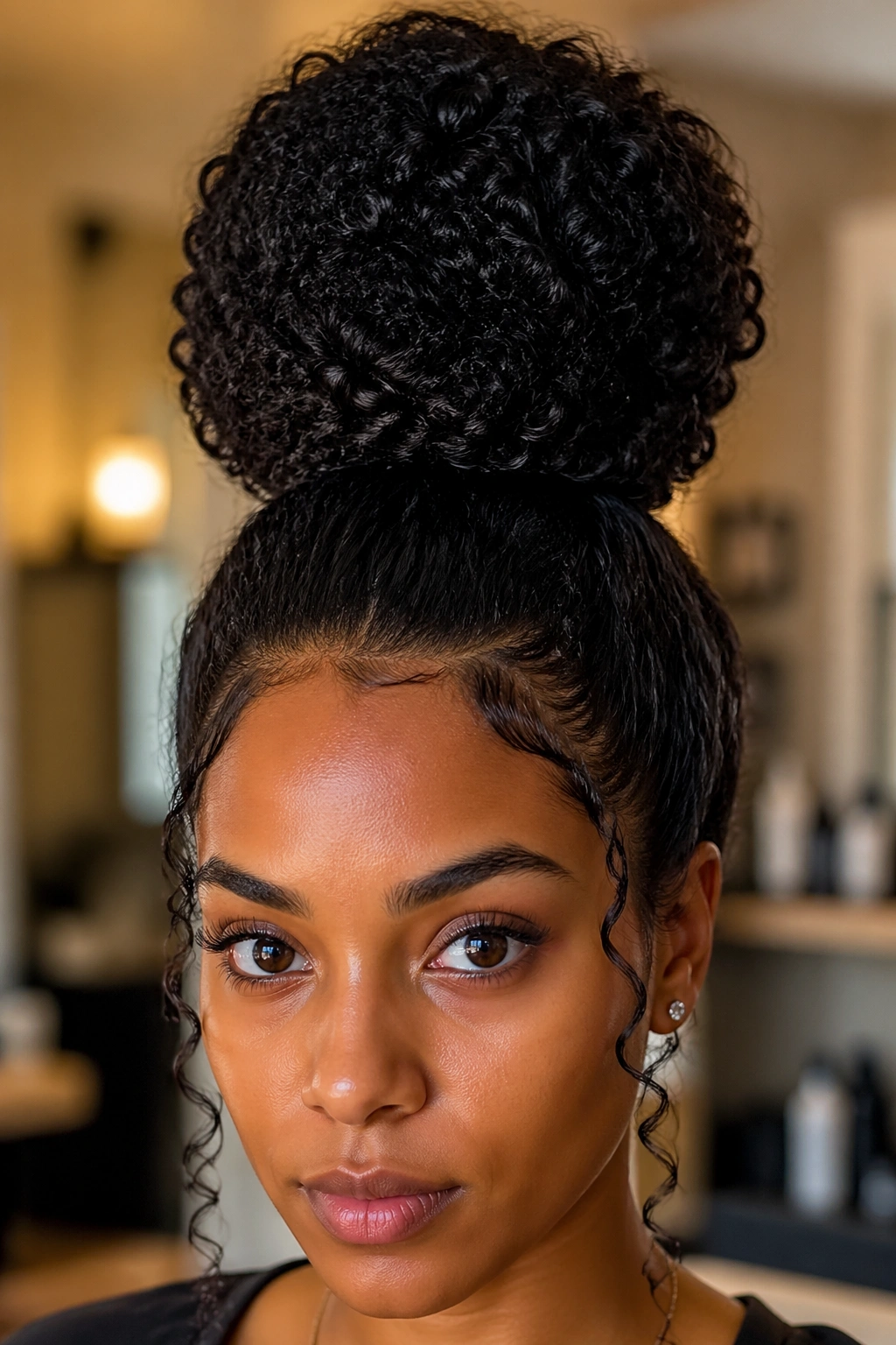 Close-up of a real woman wearing a towering high bun on the crown.