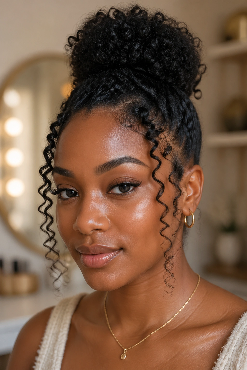 Real woman with high bun and wand curl frame around face under warm window light.