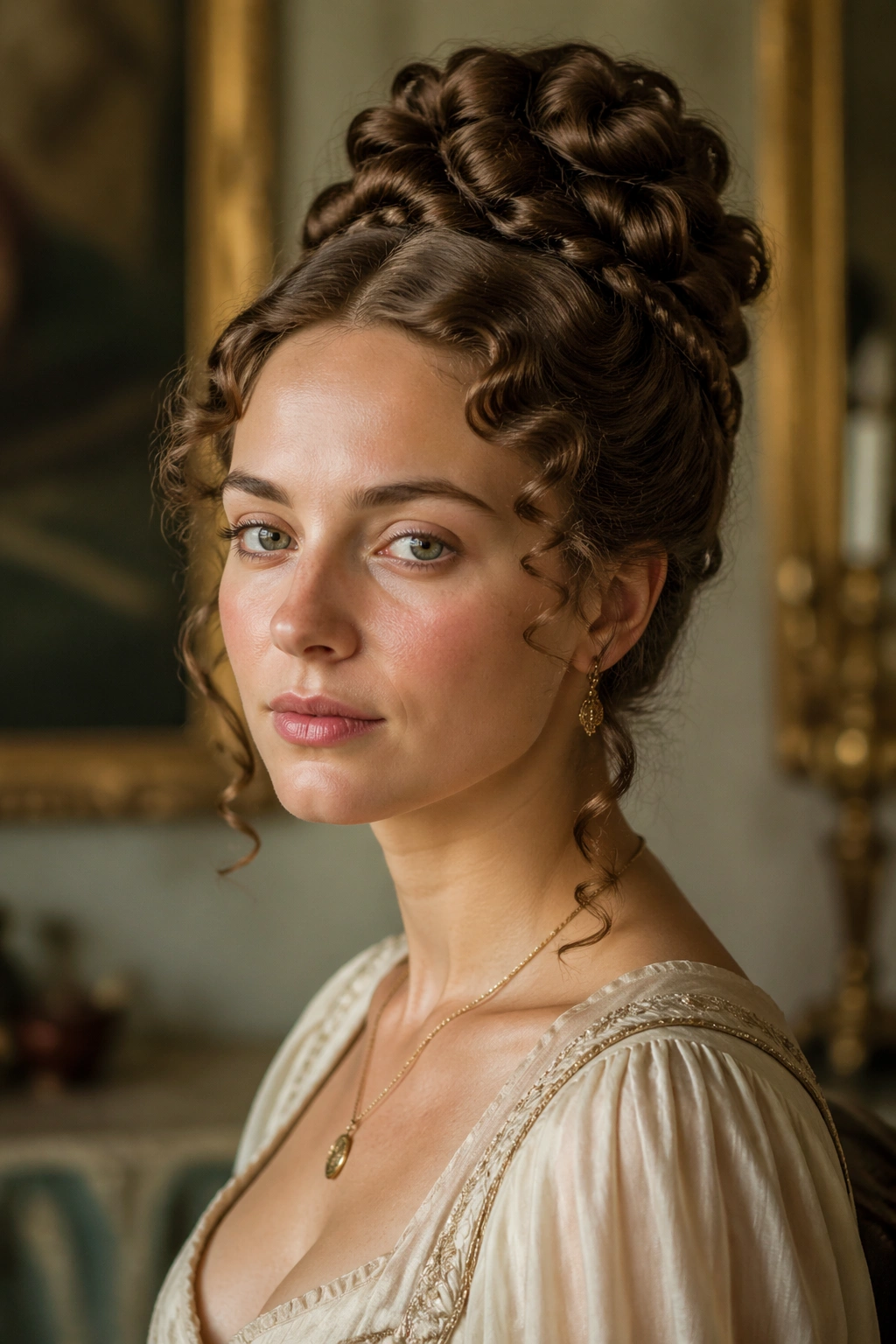 Close-up portrait of a real woman with a high classical knot and curly volume at the crown.