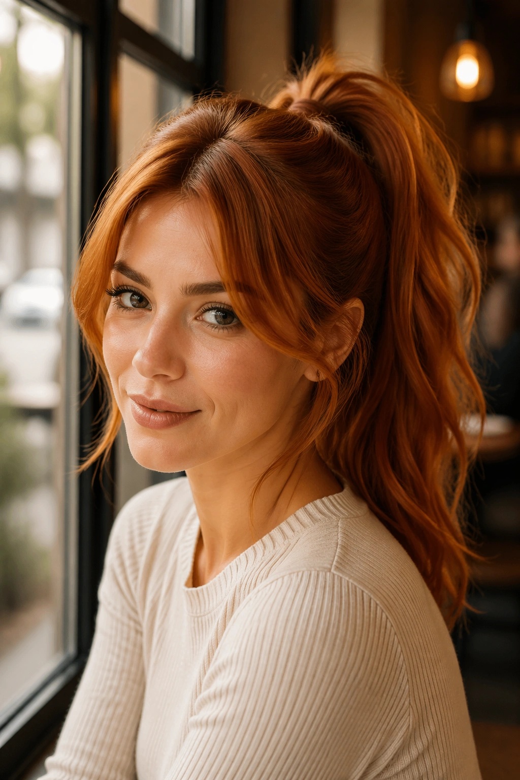 Close-up of a real woman's high copper ponytail with curtain bangs in warm light