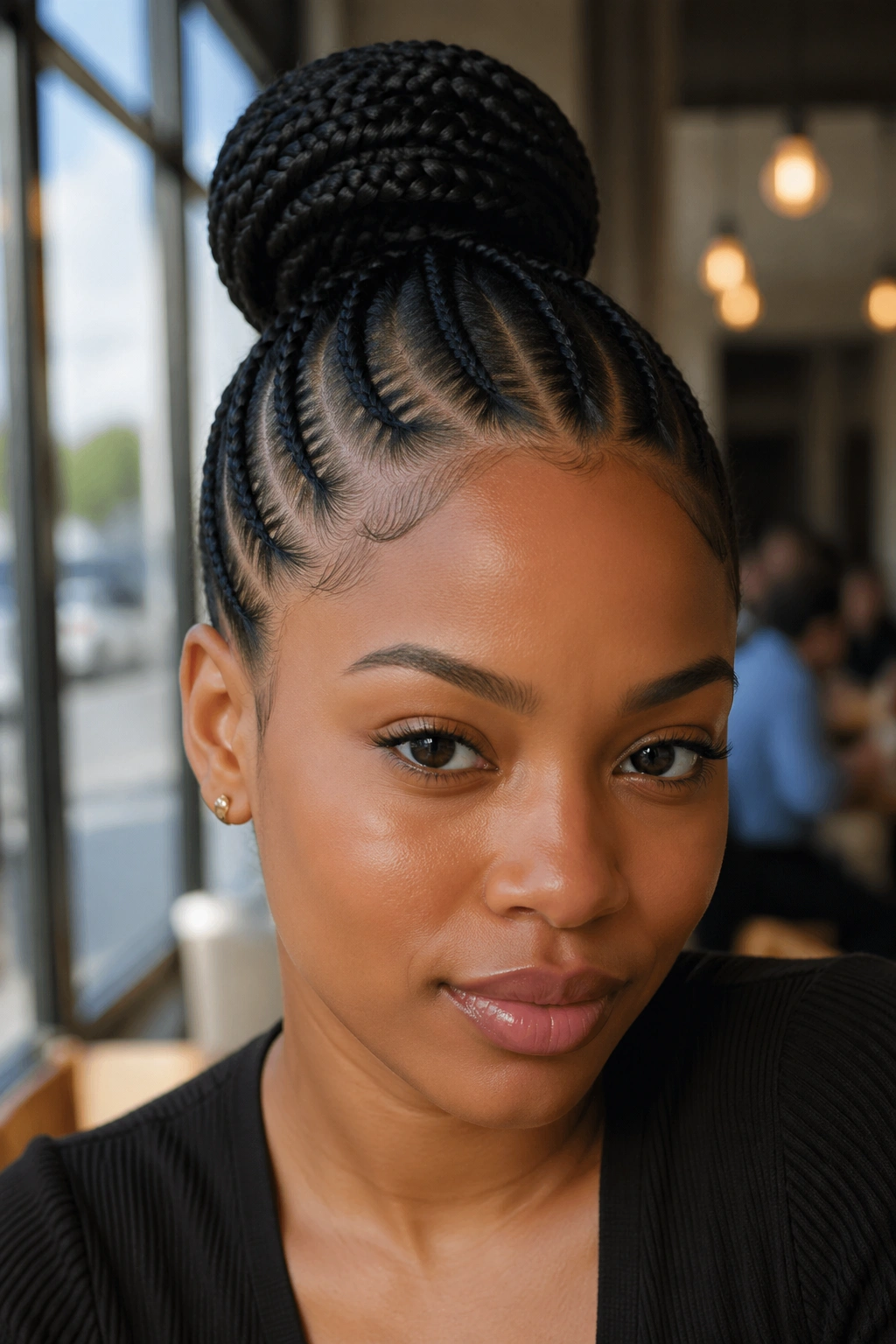 Close-up of a Black woman with a high sleek cornrow bun in a cafe