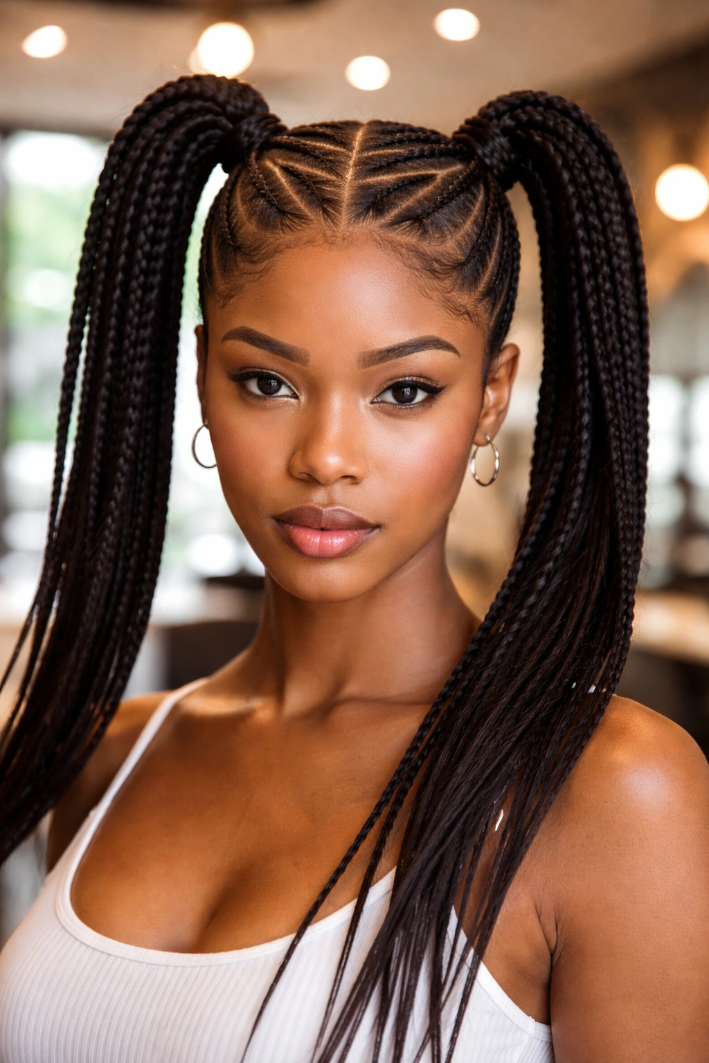 Real person with high cornrows and geometric parts two high pigtails