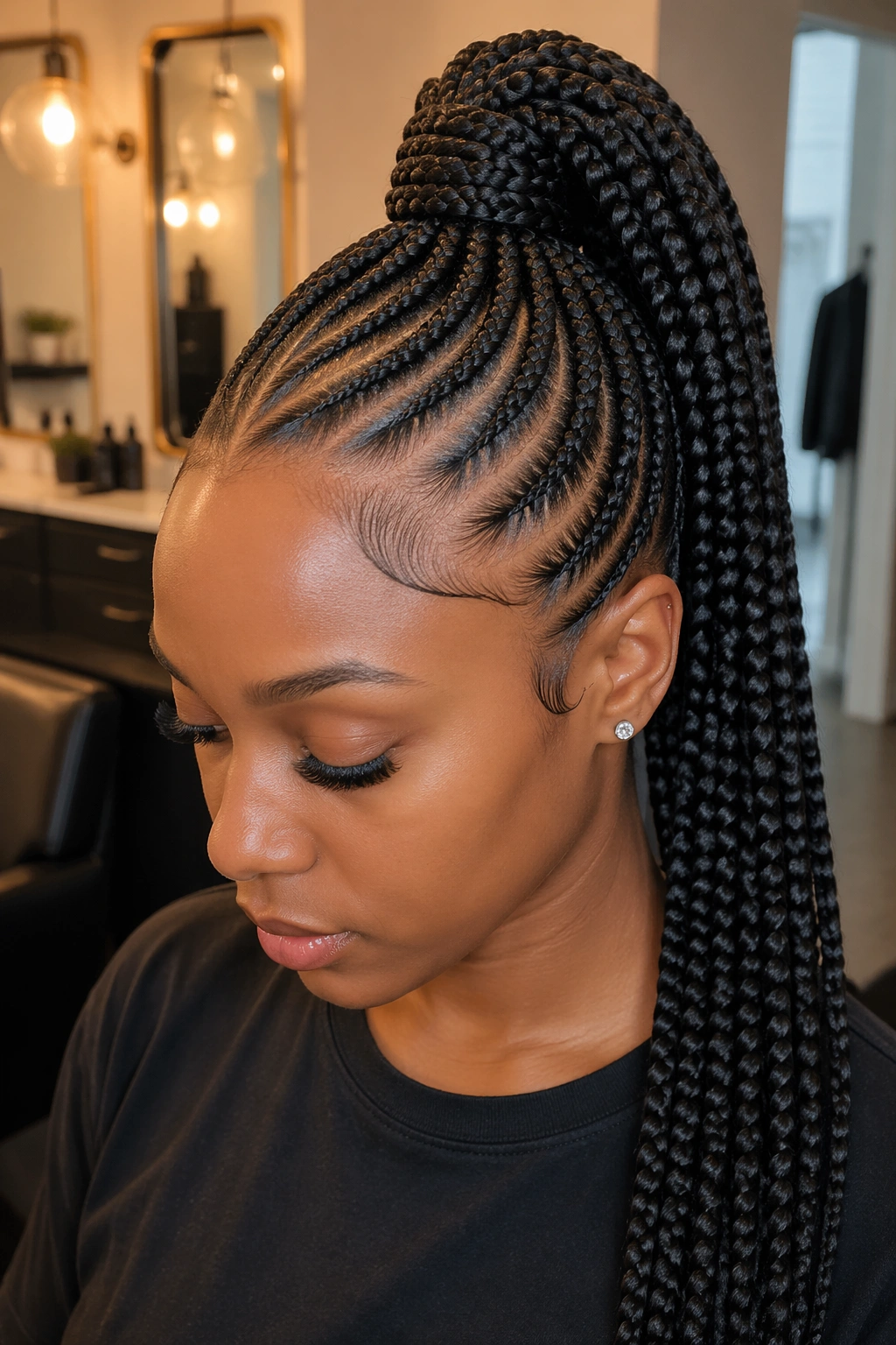 Close-up of a real woman with a high crown feed-in ponytail and lifted edges