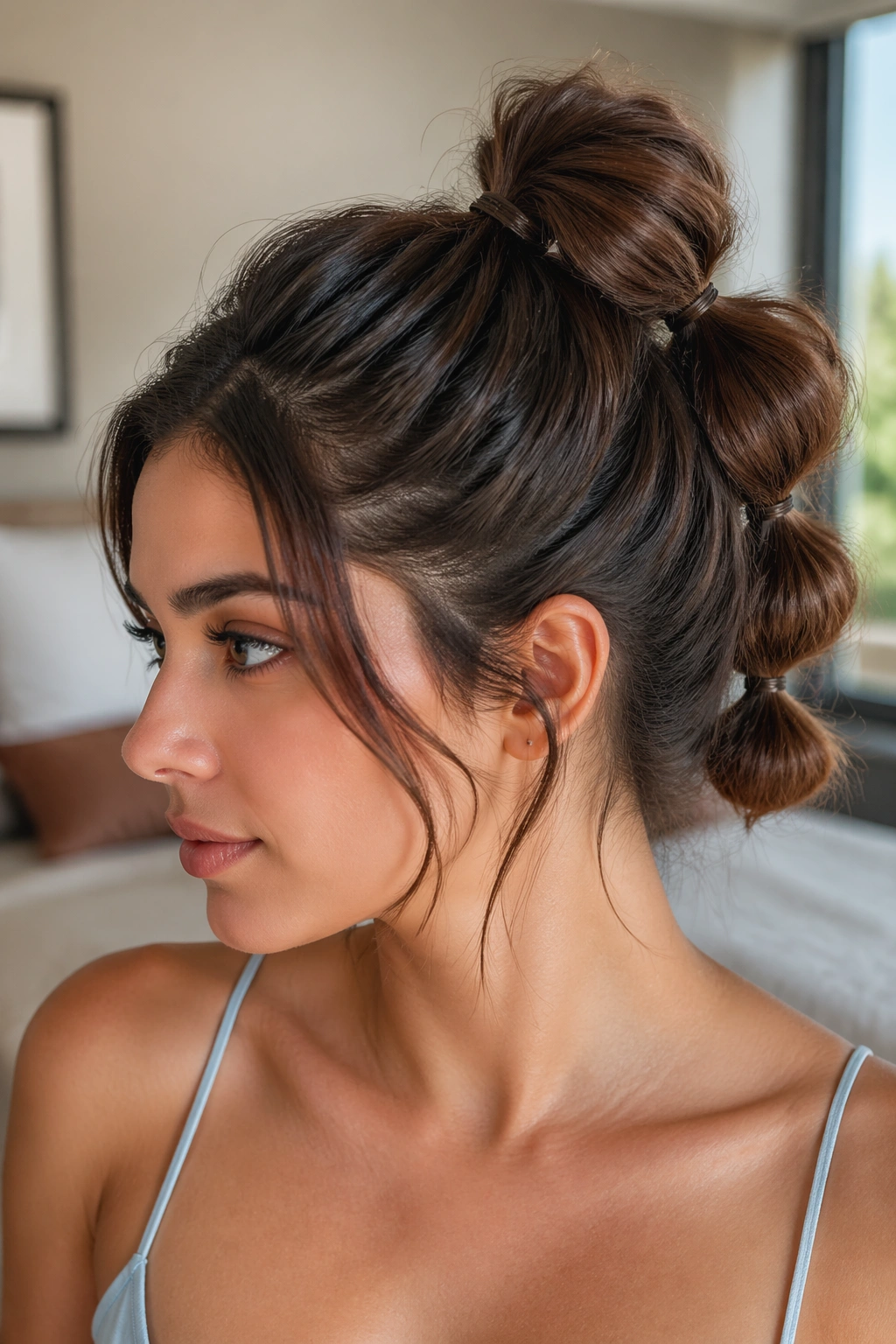 Close-up of a real woman with a high crown lift bubble ponytail on short hair under warm natural light