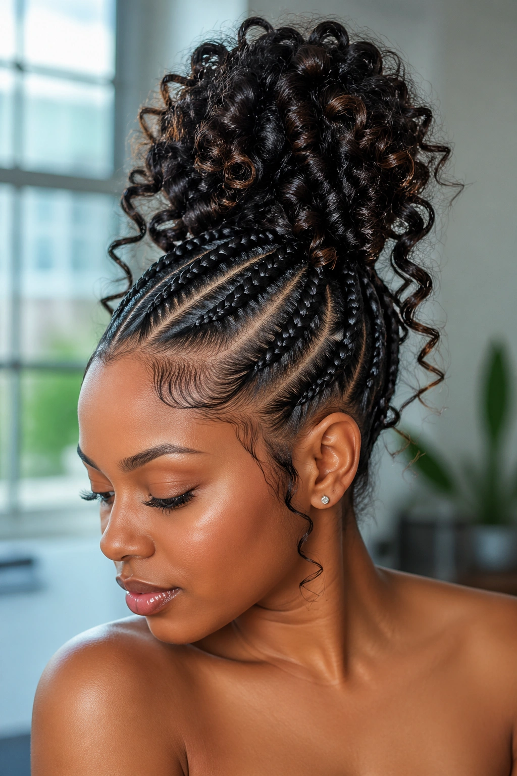 Close-up of a real person with a high crown bun and loose spiral curls