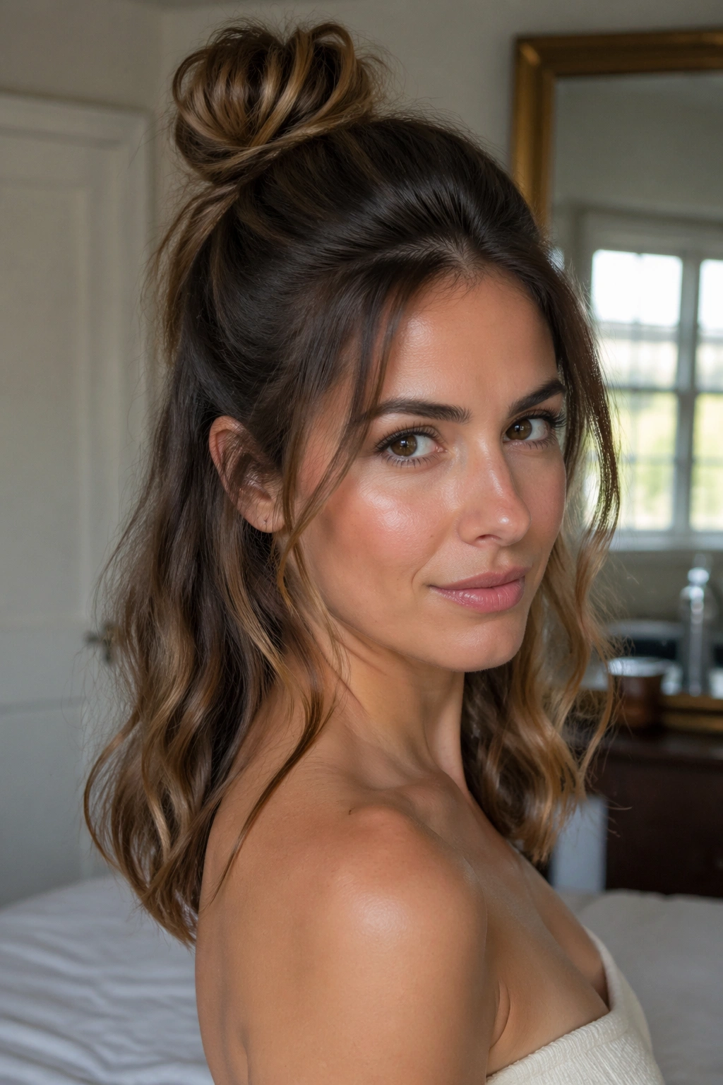 Close-up of a real woman with a high crown lift half up bun in warm window light