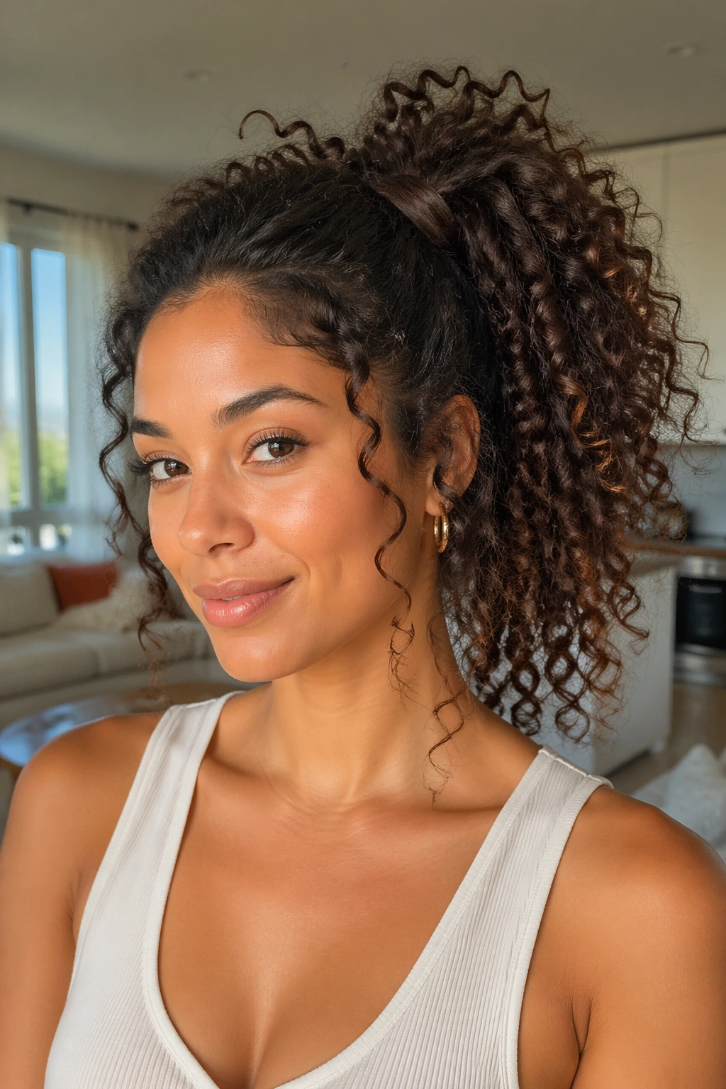 Close-up of a real person with a high side ponytail lifting the crown in a bright room