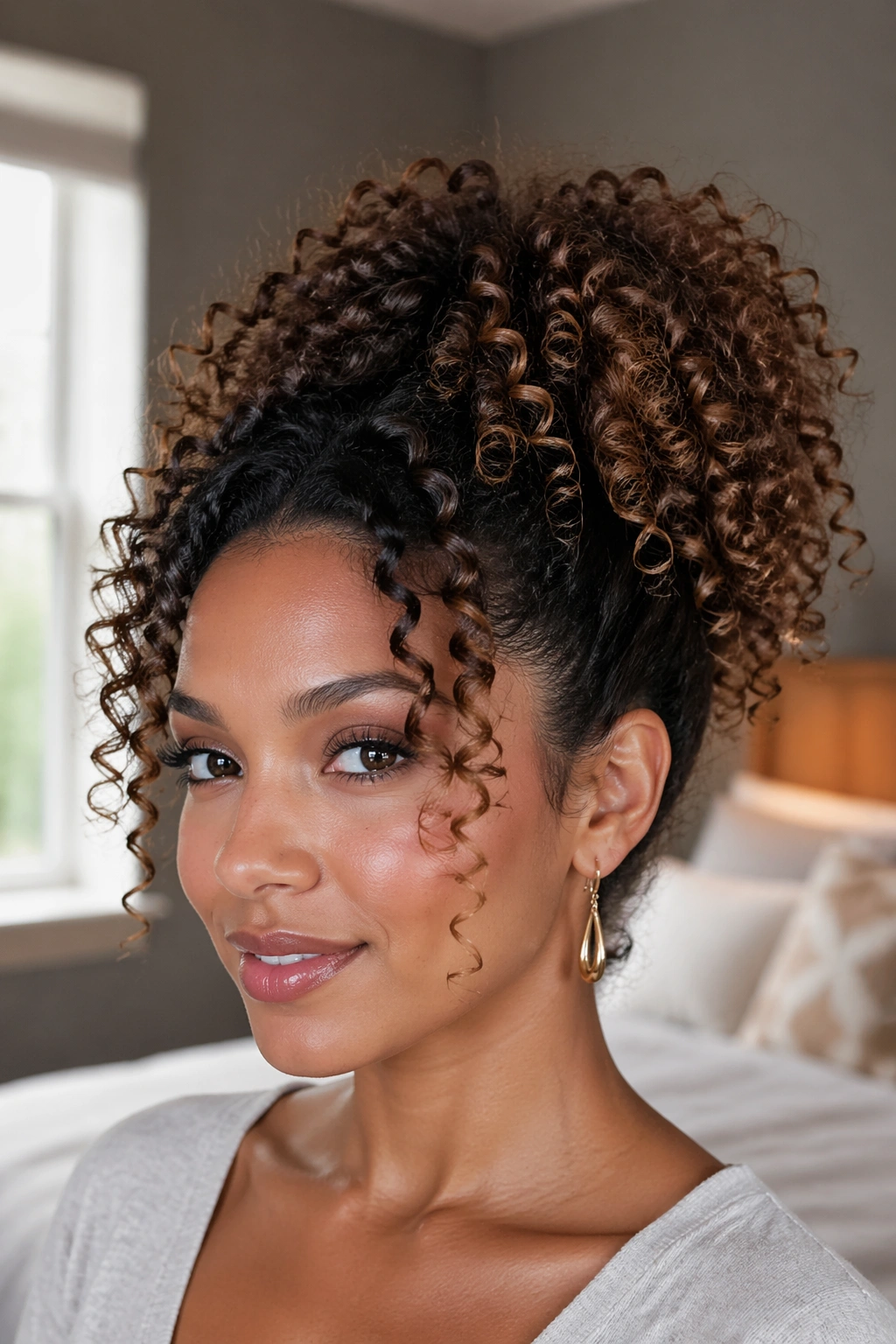 Close-up of a real woman wearing a high curly crown ponytail with lifted crown