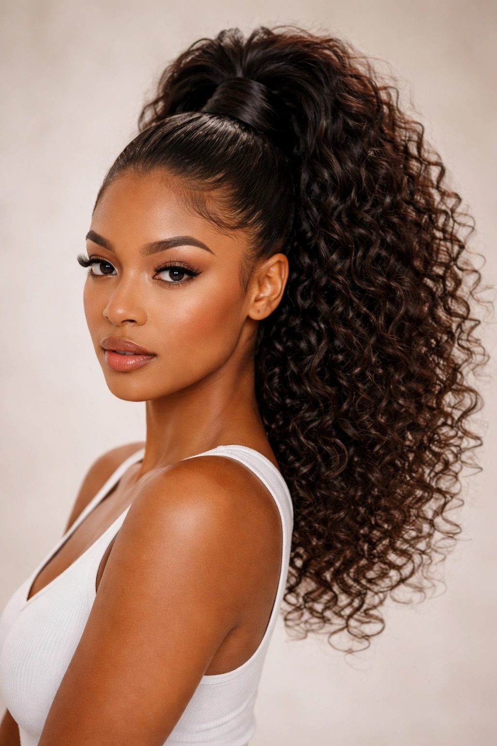 High crown ponytail with curly weave, lifted crown and wrapped base.