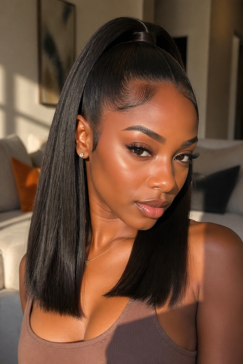 Close-up of High Crown Half Ponytail With Straight Ends on a real Black woman with high crown and blunt ends