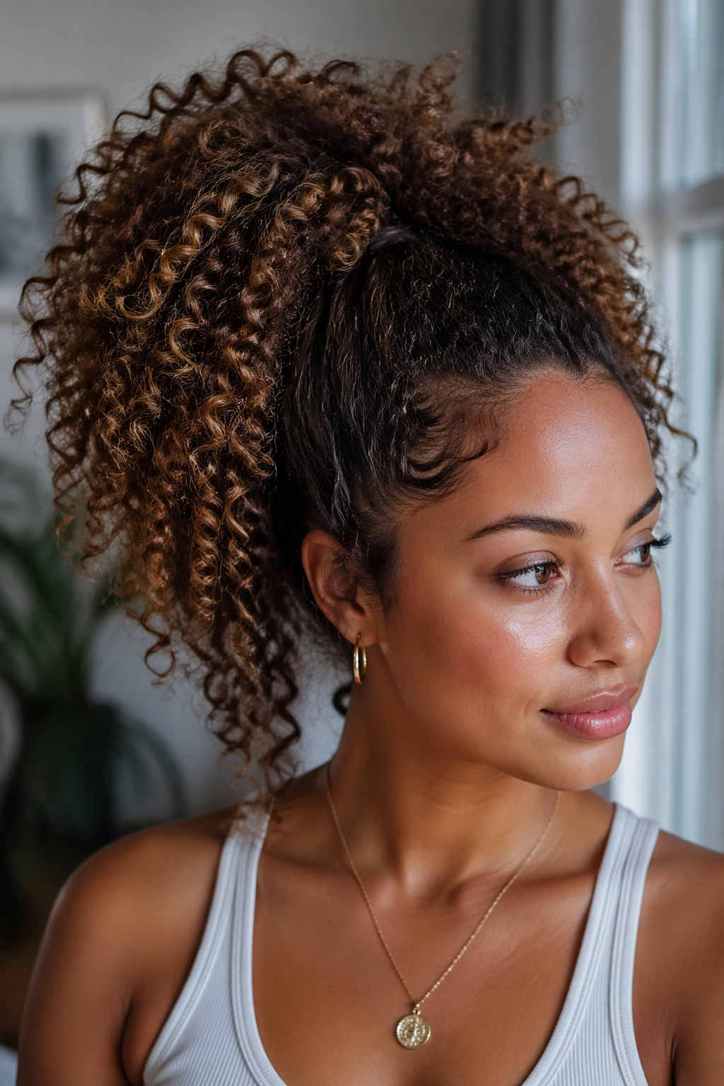 Close-up of a real woman with a high crown ponytail, thick curls lifted at the crown