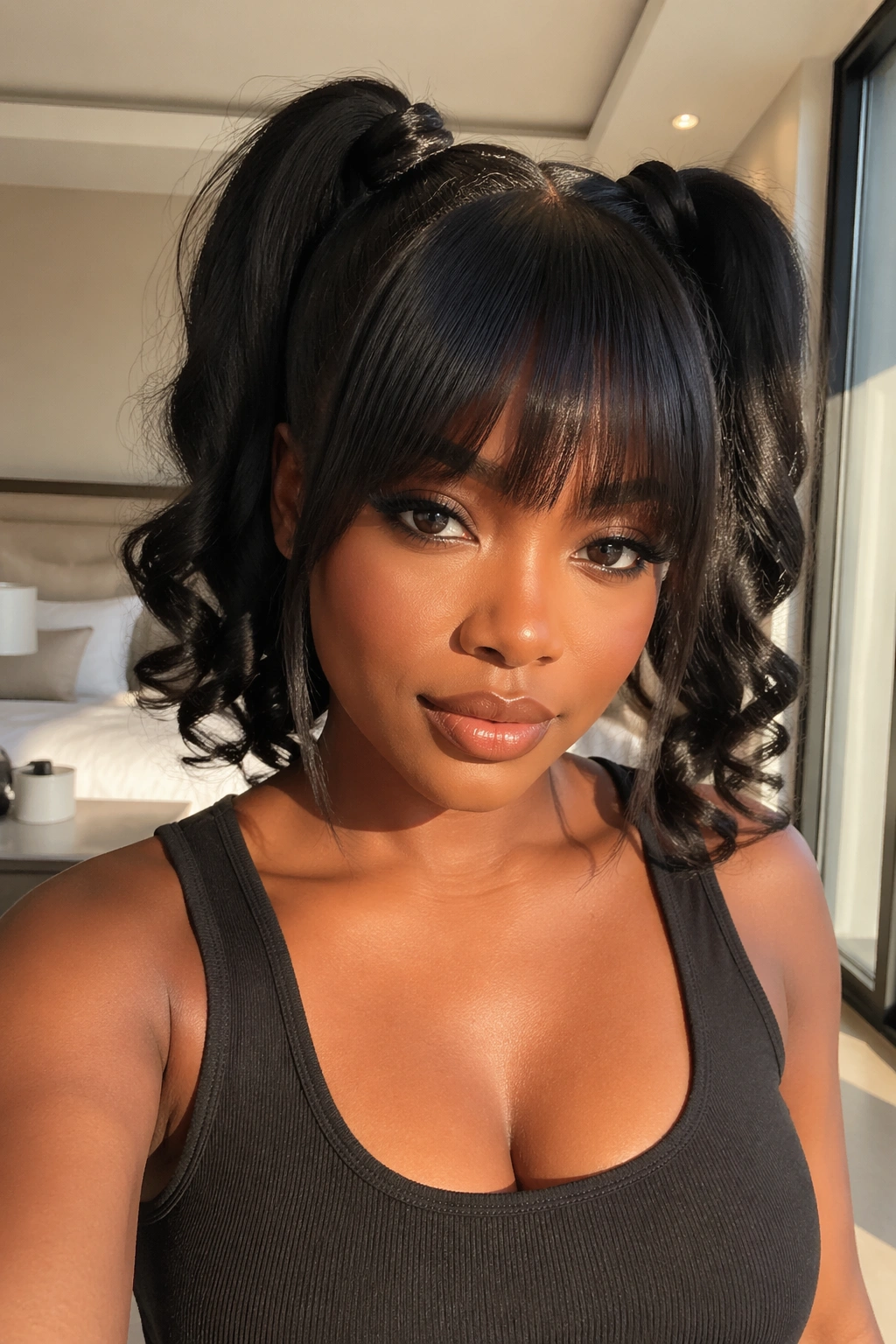 Close-up of a real woman with high crown twin ponytails and curled ends with full bangs