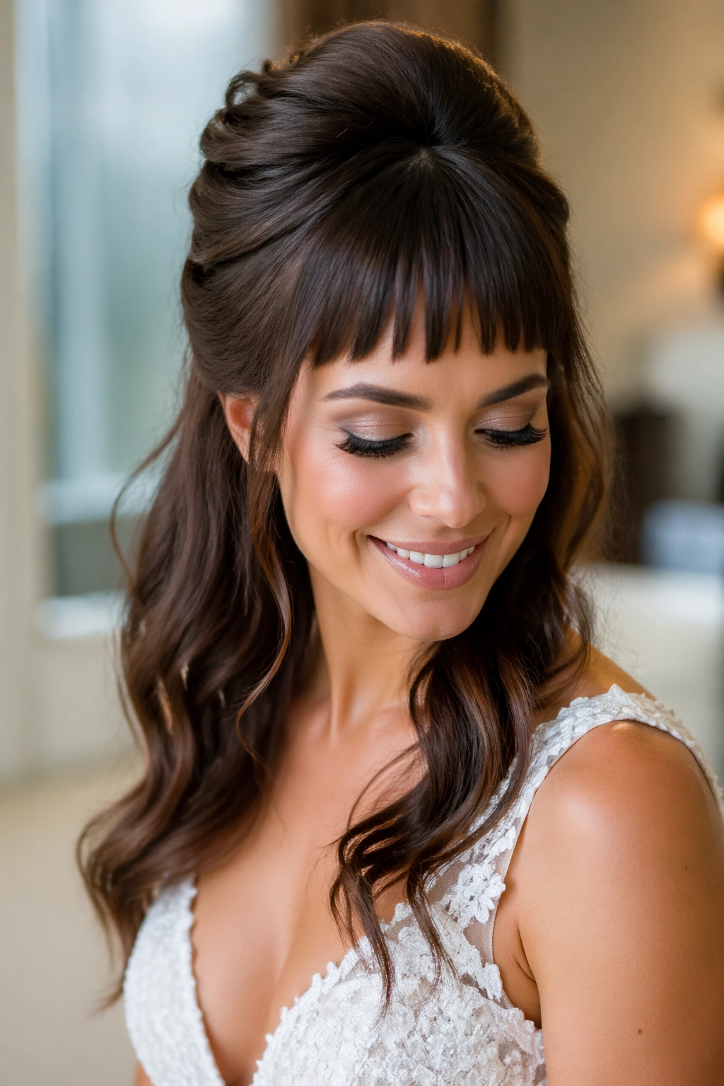 Portrait of bride with high crown twist and short fringe