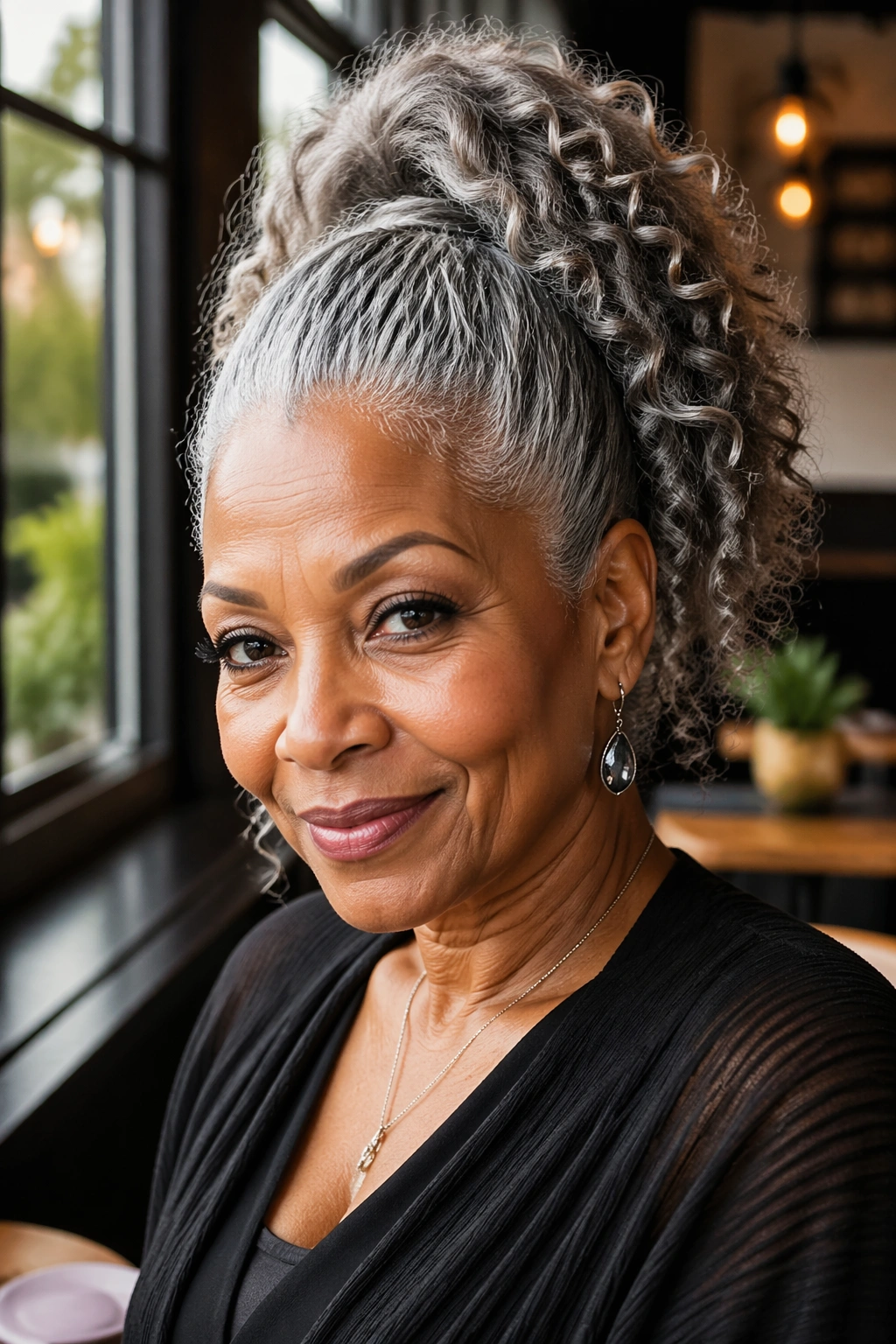 Close-up portrait of a real woman with a high curled ponytail in gray hair in a cafe setting