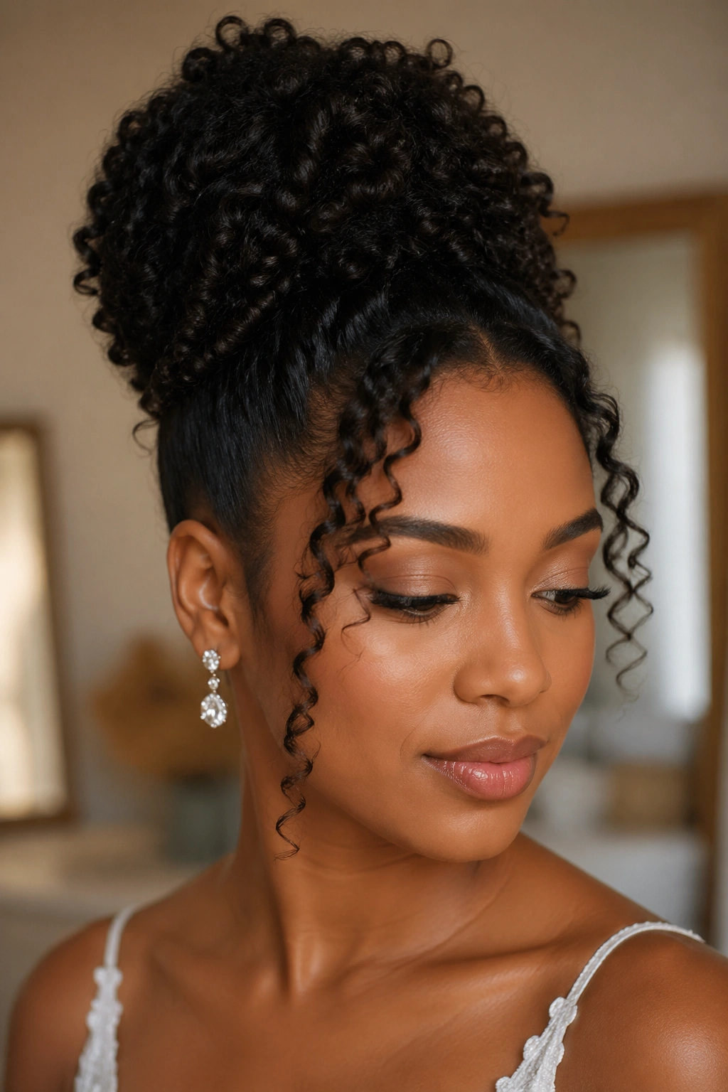Close-up of a bride with a high curly bun and face-framing curls in warm bridal lighting