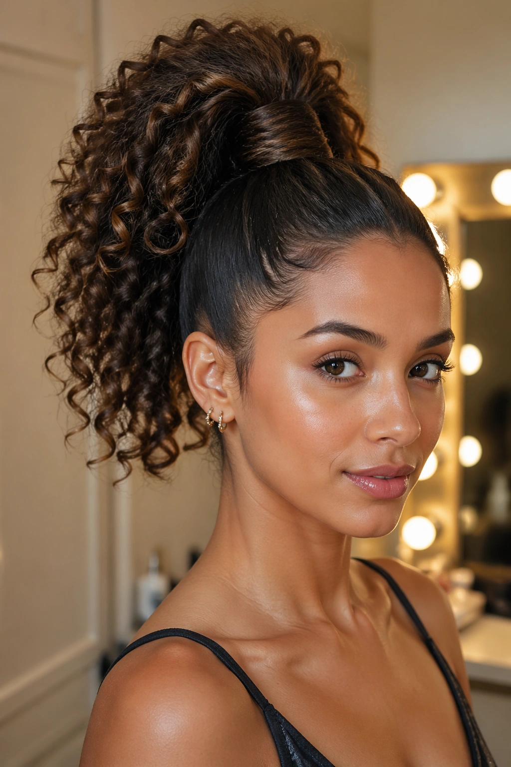 Close-up of a real woman with a high curly ponytail wrapped at the base