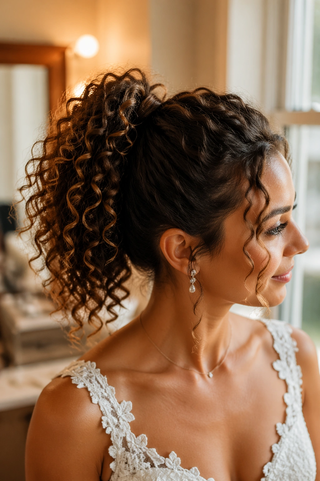 Close-up of a bride with a high curly ponytail