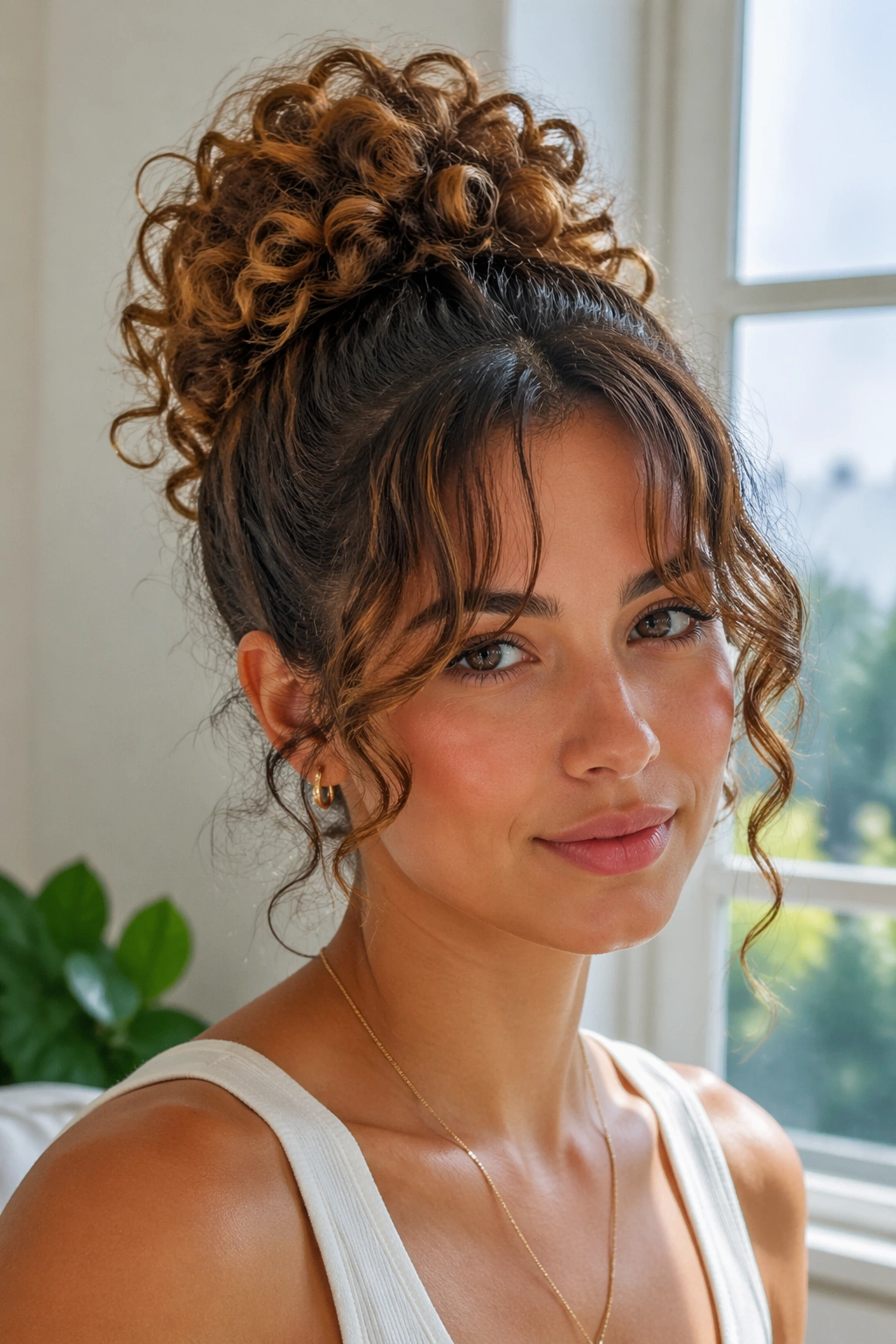 Close-up portrait of a real woman with a high curly ponytail bun and curtain bangs