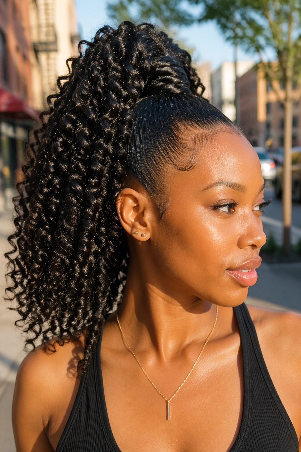 Real woman with high curly crochet ponytail in bright city street