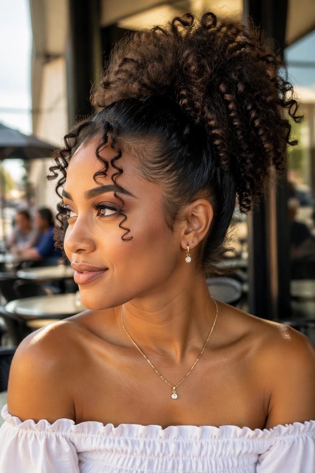Close-up portrait of a real person with a high curly ponytail at crown height outdoors
