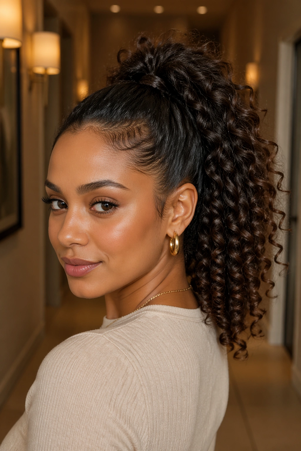 Close-up portrait of a person with a high curly ponytail in warm light