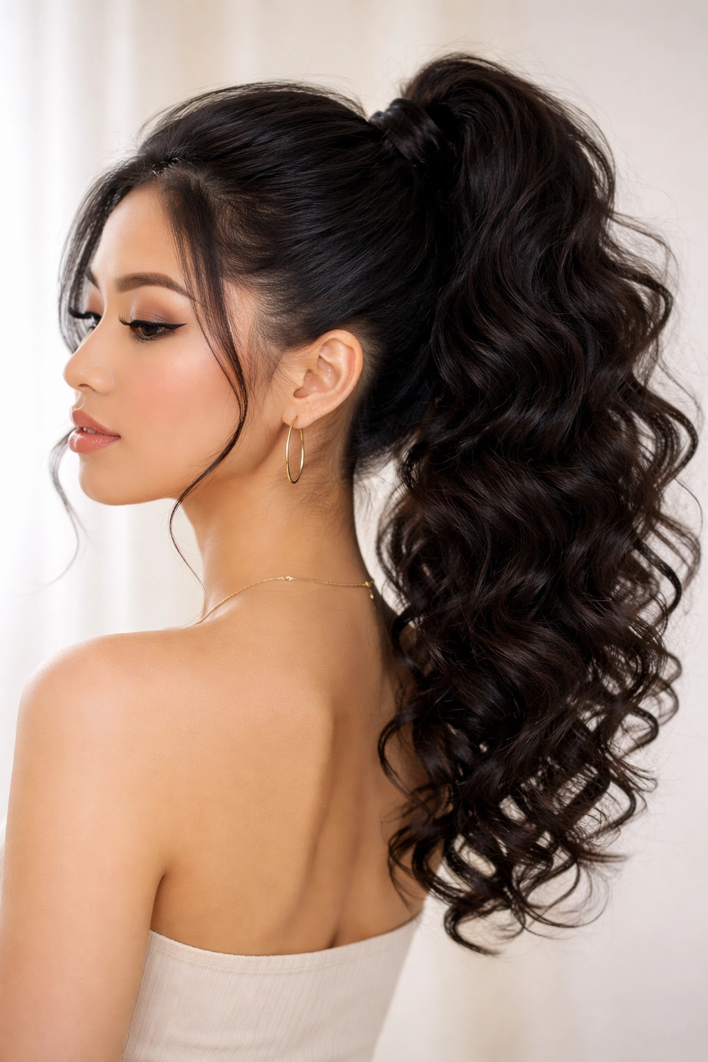 High curly ponytail with wrapped base and crown lift