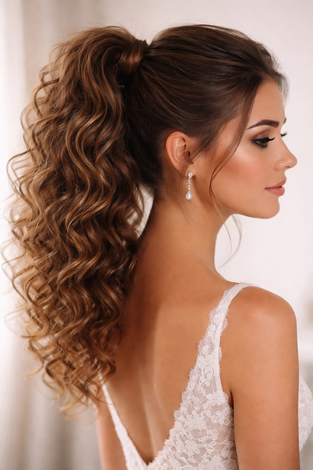 High curly ponytail with wrapped base and lifted crown for bridal styling