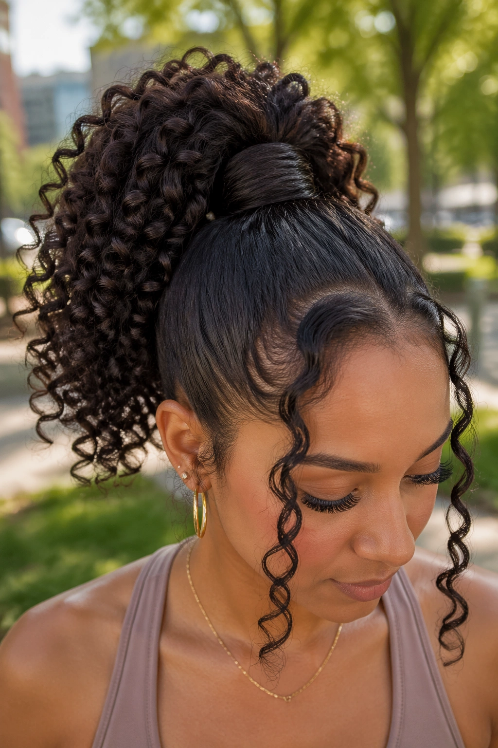 Close-up of a real woman with a high curly ponytail and wrapped base