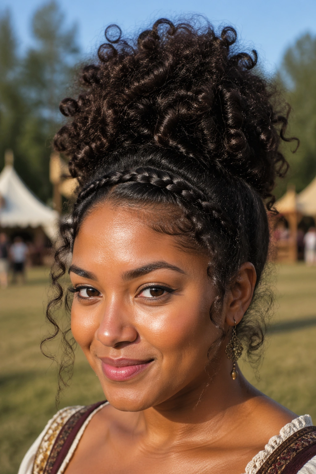 Close-up of a real person with a high curly puff and braided base at the front in a sunny faire setting