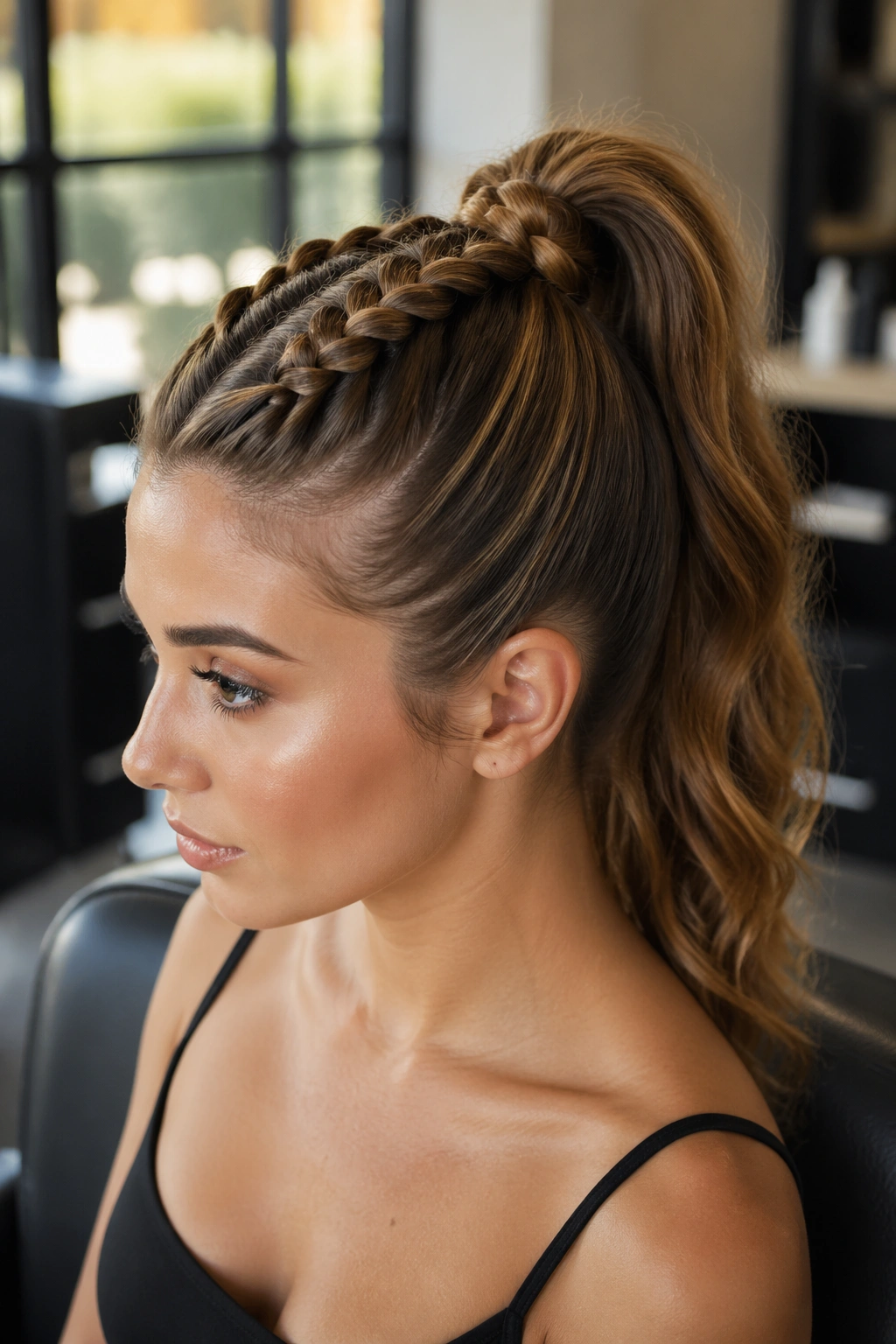 Close-up of a real woman’s head showcasing a high Dutch braid ponytail with lifted crown in warm light
