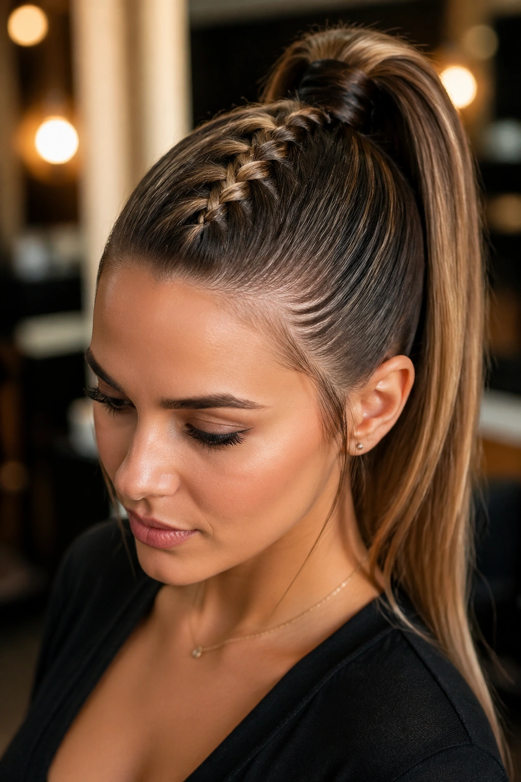 Close-up portrait of a real woman with a high Dutch braided ponytail, front braid visible and high pony at the crown.
