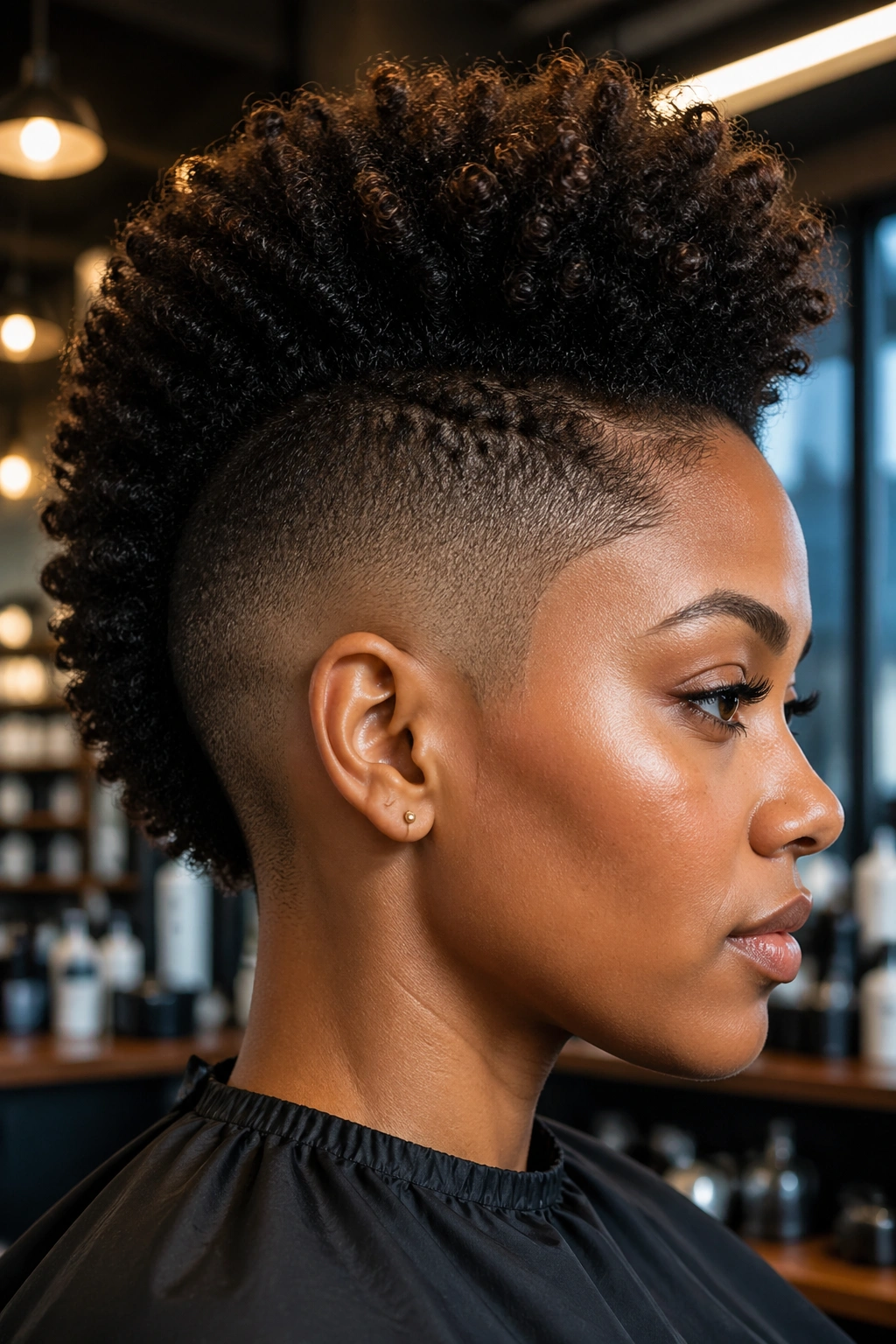 Close-up of a real person with a high fade mohawk and full center Afro.