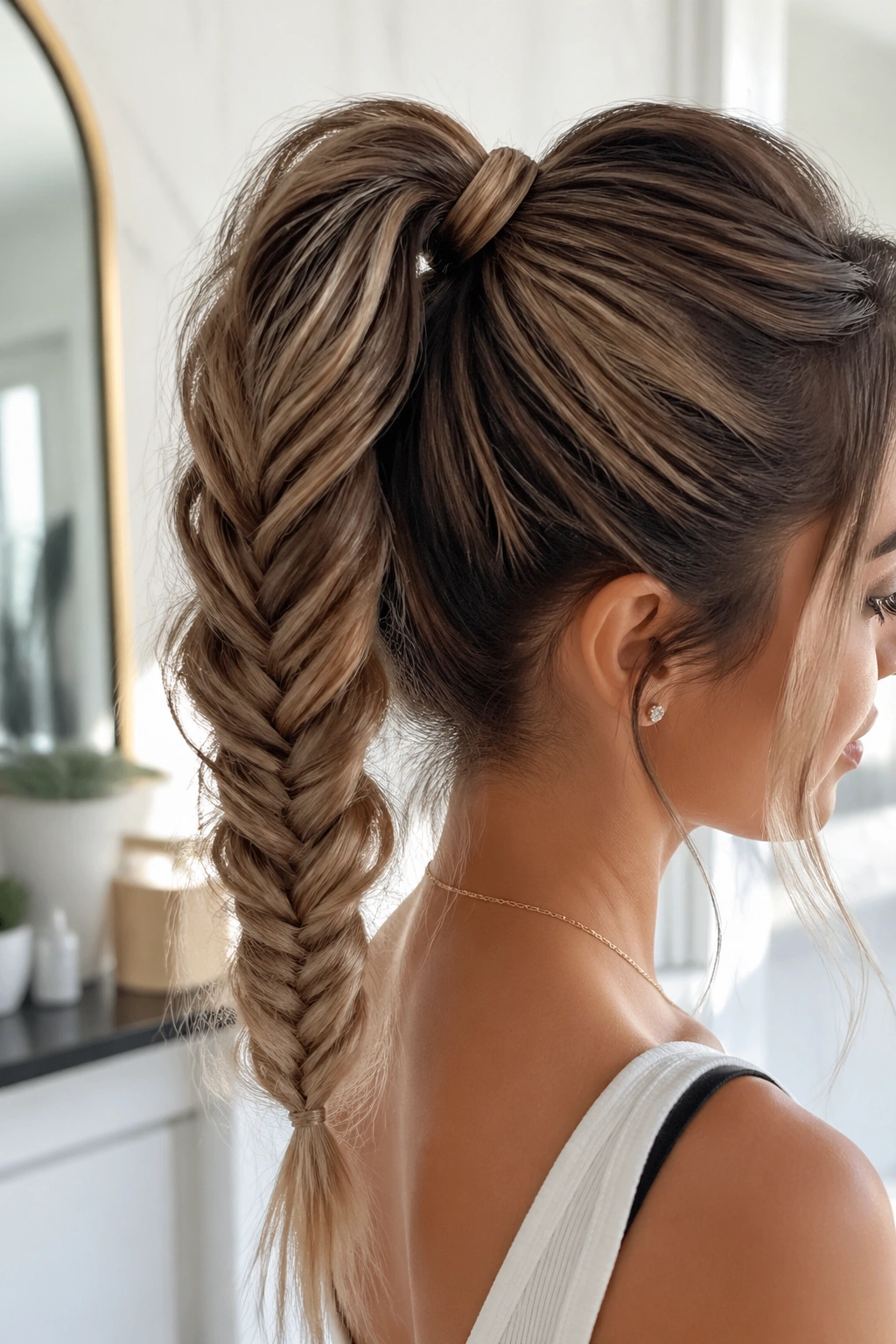 Close-up of a real woman with a high fishtail ponytail wrapped base in a bright modern space