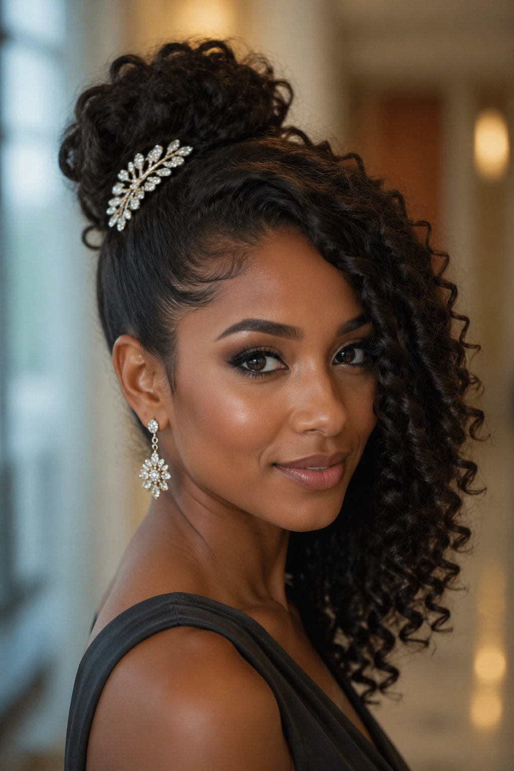 Close-up of a real woman with a high half bun and side-swept curls