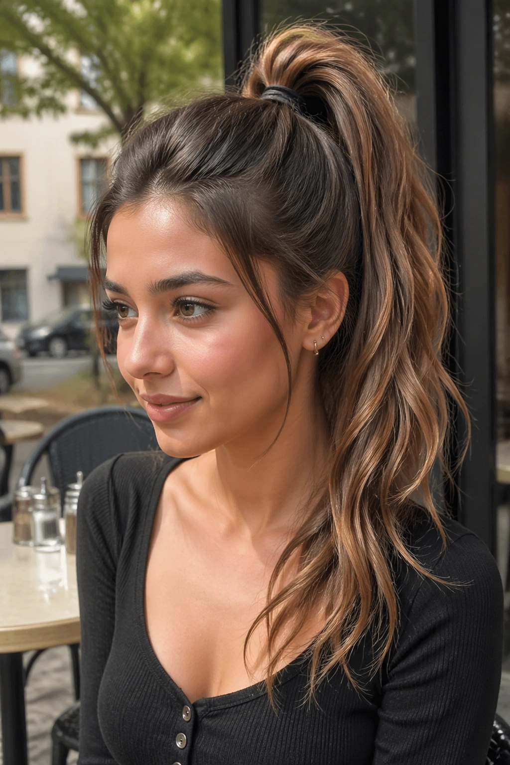 Real person with a high half ponytail and loose ends in a sunlit cafe setting