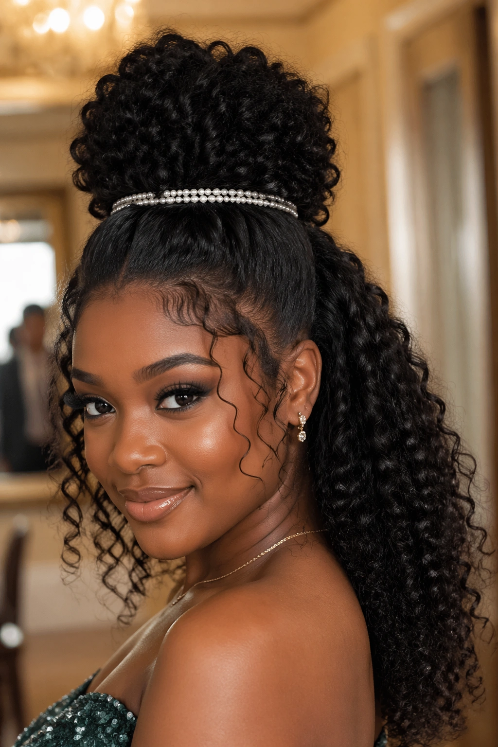 Real woman with high puff and jeweled wrap in warm venue lighting