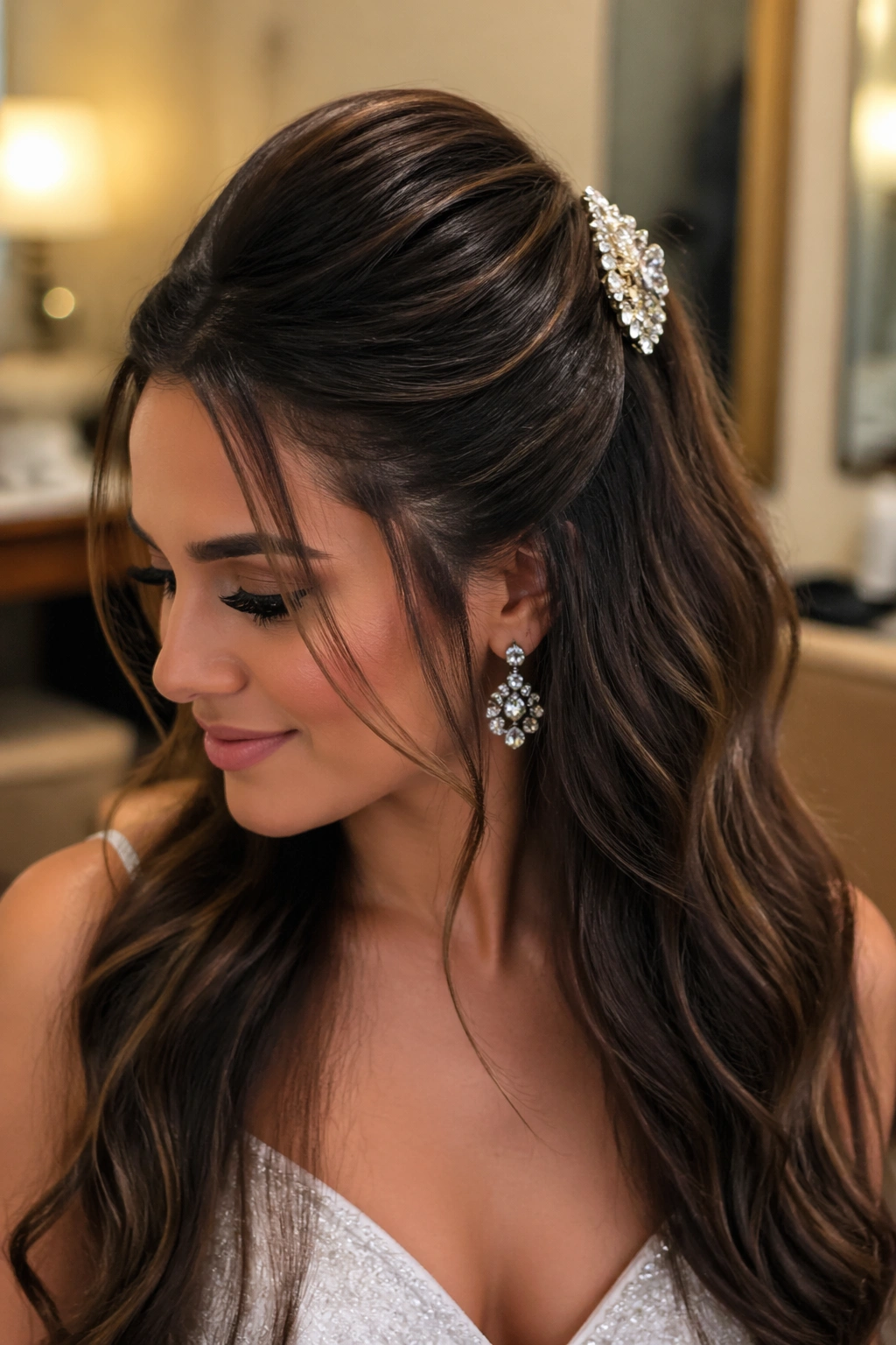 Close-up portrait of a real woman with High-Lift Half-Up with Sparkly Clip hairstyle and crown lift.