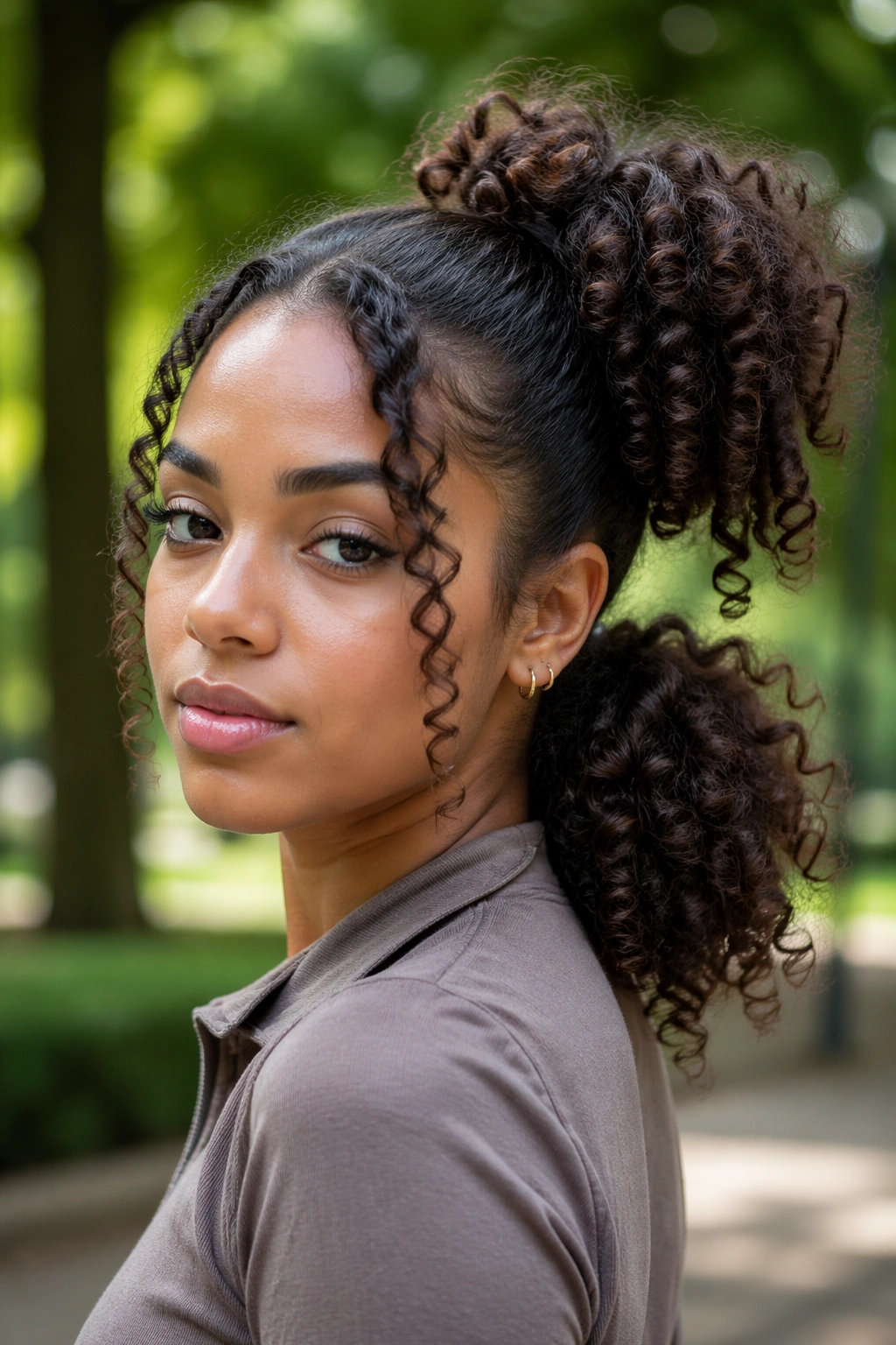 Close-up portrait of a real woman with high-low asymmetrical ponytails in natural light