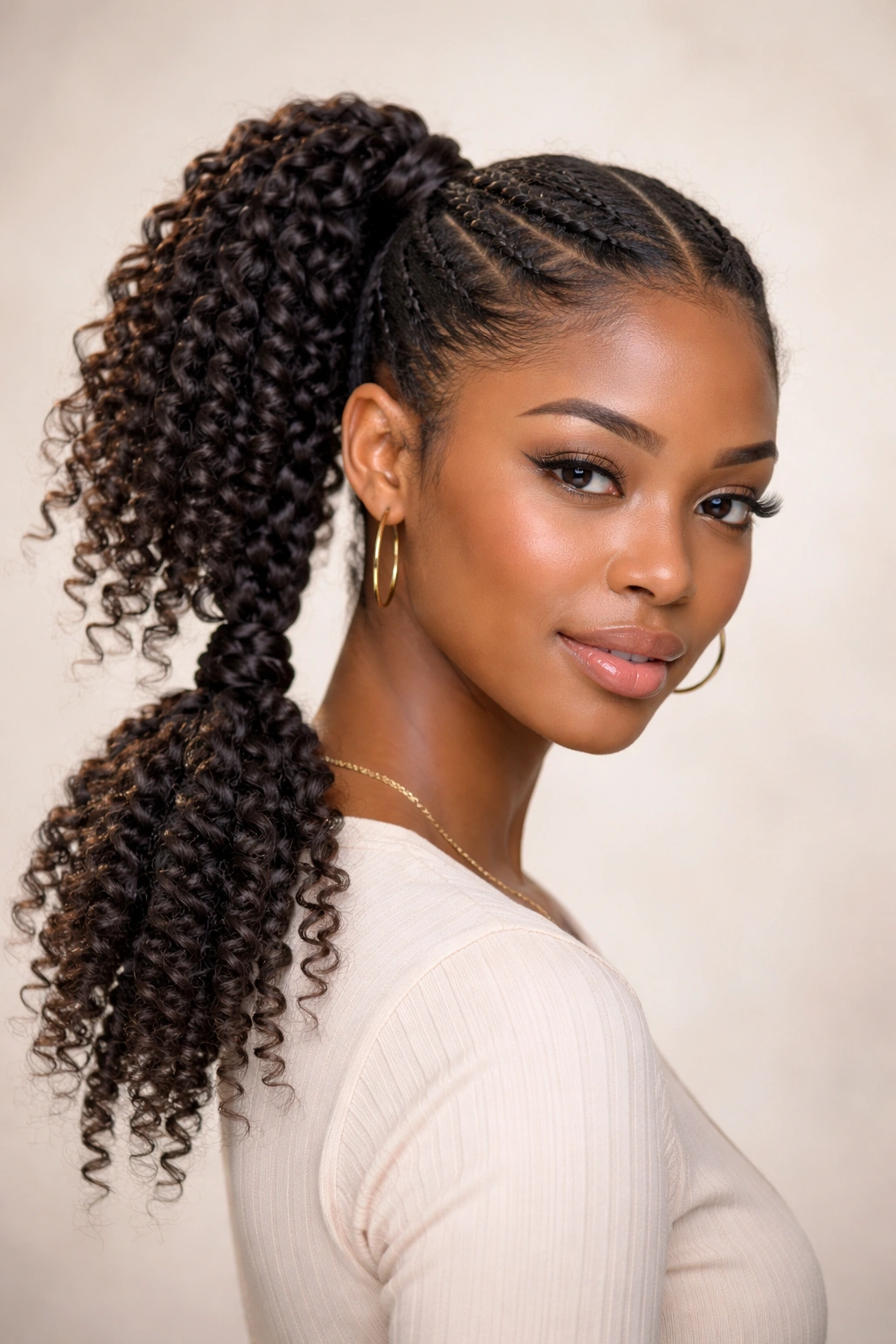 Portrait of playful high-low twist double ponytails showing asymmetrical heights