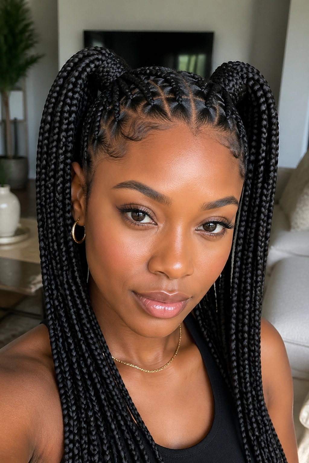 Close-up portrait of a real person with high pigtail box braids