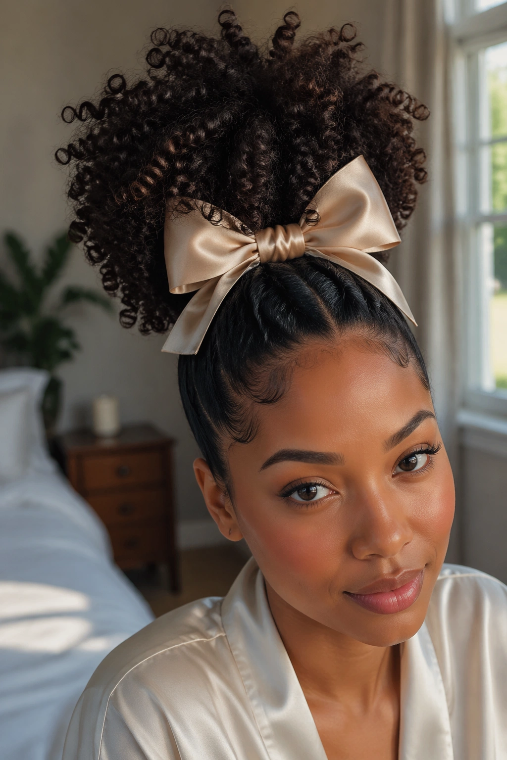 Close-up of a woman with a high pineapple ponytail and satin bow