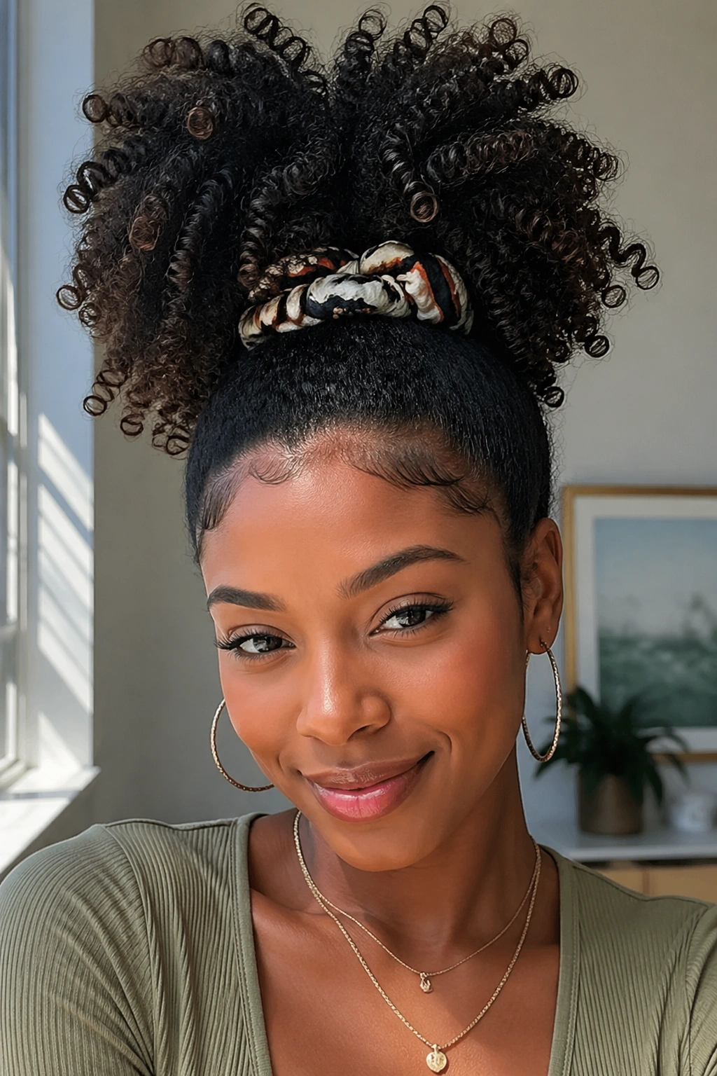 Portrait of a real person with a high pineapple hairstyle
